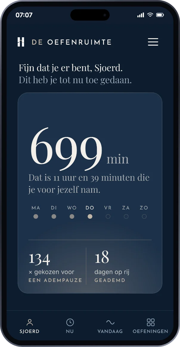 Your progress in the practice room: number of breathing pauses, days in a row and minutes