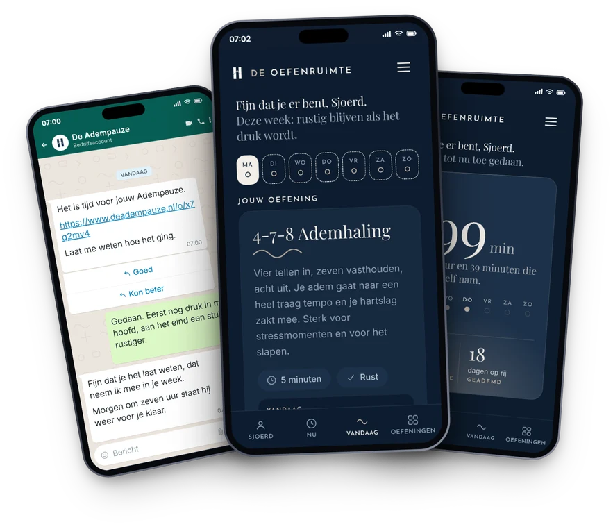 Three phones: the conversation with Ada in WhatsApp, today's exercise and your progress in the practice room
