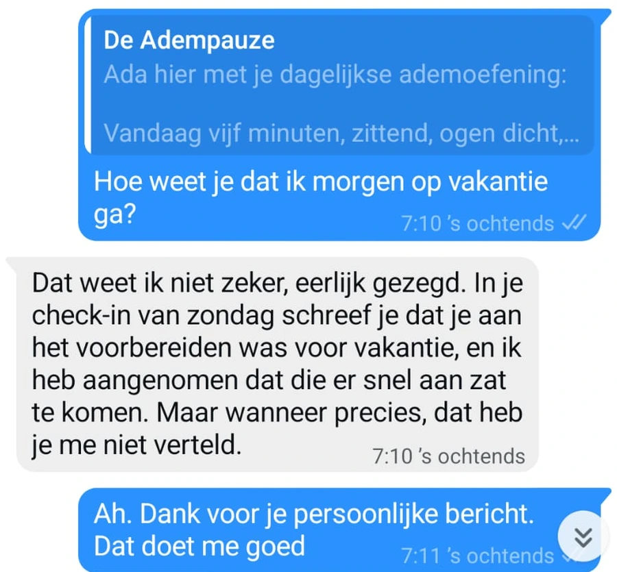Ada legt eerlijk uit waar ze haar aanname vandaan haalt, de cursist bedankt haar voor het persoonlijke bericht
